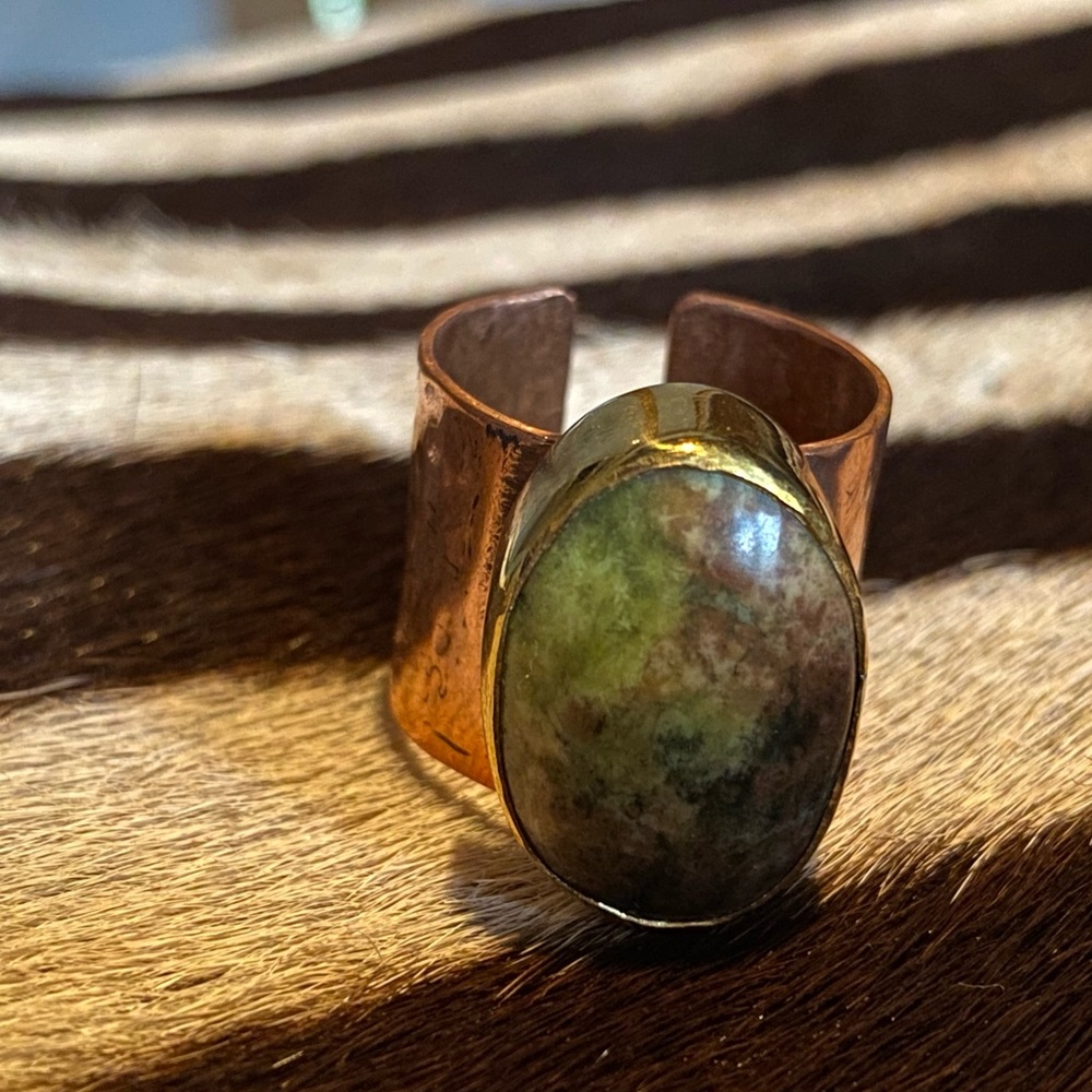 Designer boho ring steel Colombian stones